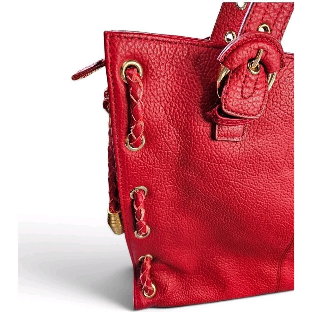 Women's Red Pebbled Leather Zip Tote Bag Gold Hardware Carry-on - Picture 2 of 6